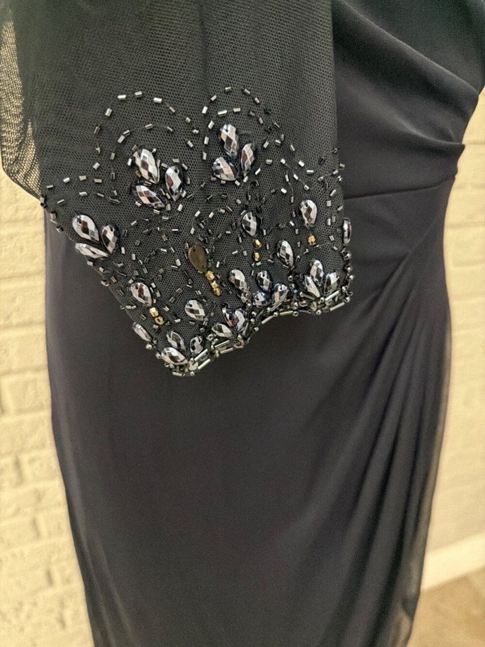 Alex Evening Illusion Beaded Navy Ruched Dress Size 12P - Picture 9 of 12